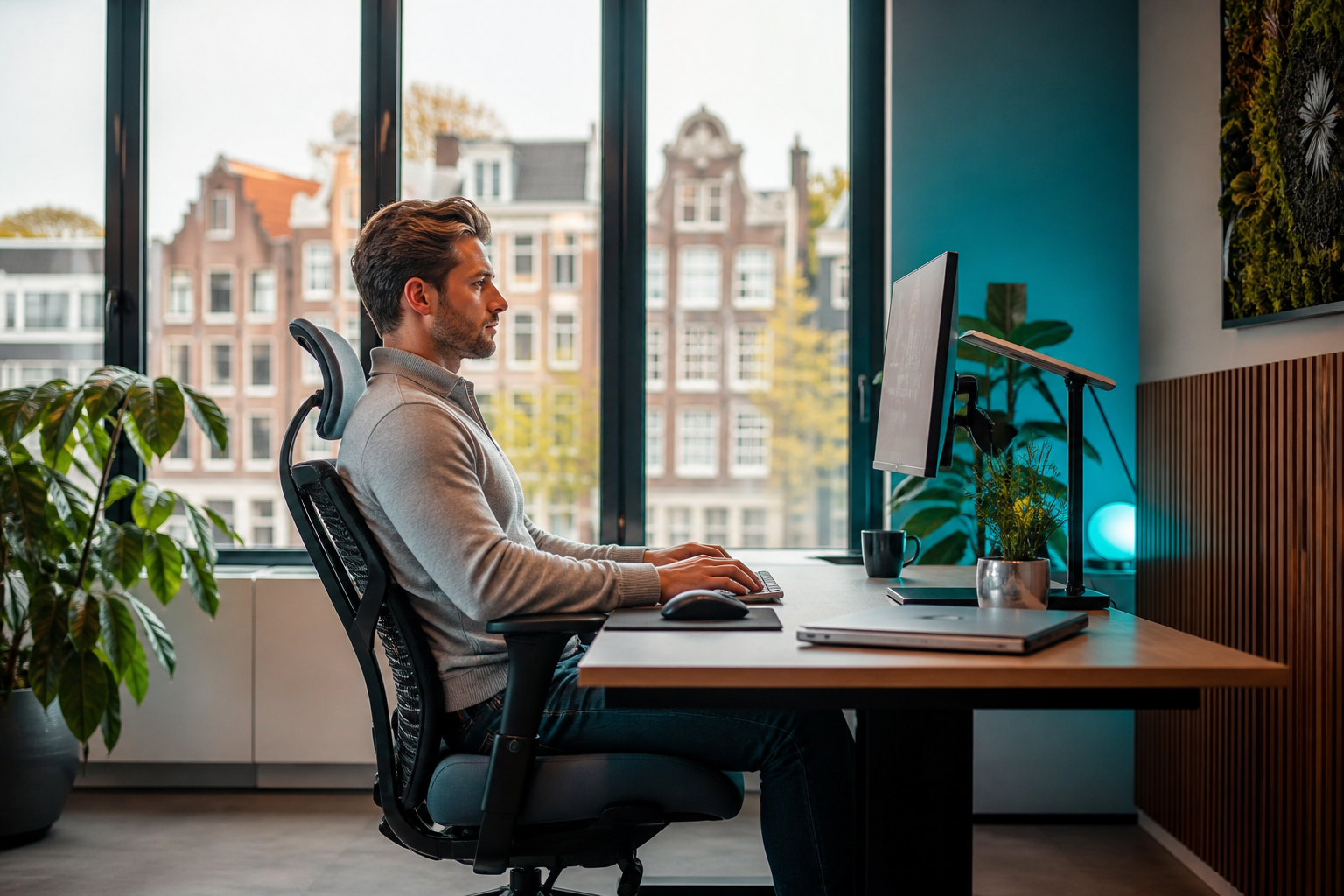 Ergonomic desk setup with monitor and comfortable posture arrangement