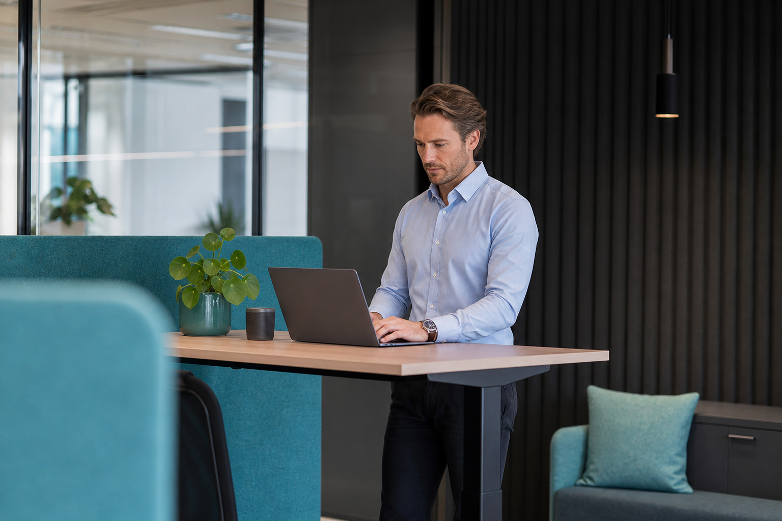 Focused office professional at a modern standing desk workspace